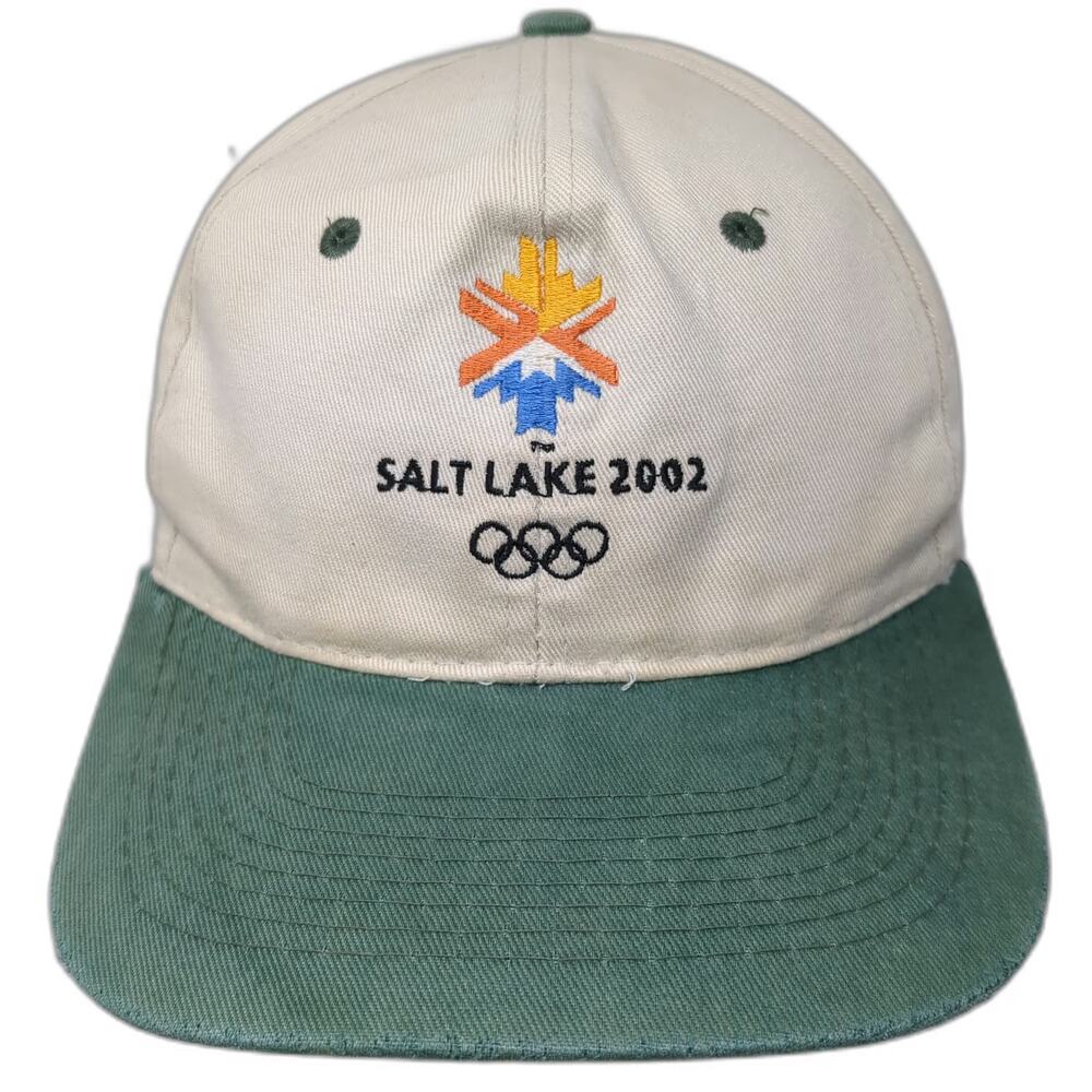 Salt Lake 2002 Olympics Snapback Hat Beige Green OSFM Winter Games Logo Rings